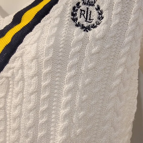 Ralph Lauren White V-Neck Sweater with Yellow and Navy Stripes - Picture 2 of 3